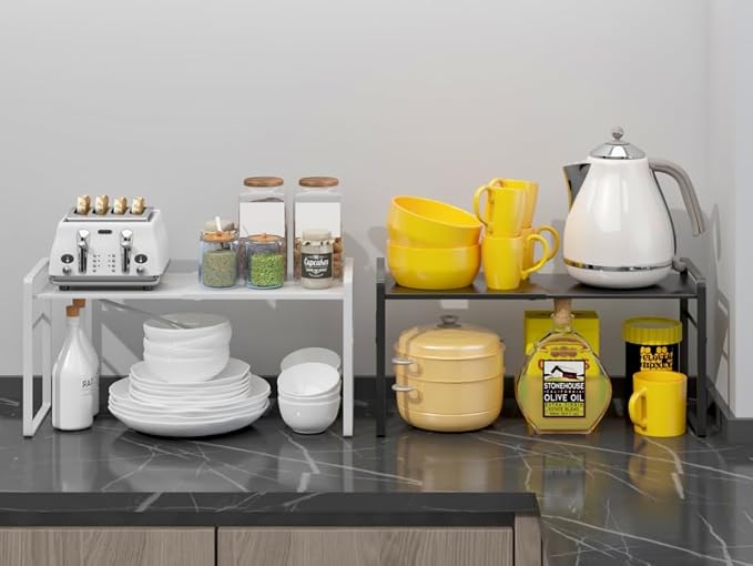 Expandable Cabinet Shelf Organizer Riser for Kitchen Pantry Under Sink | Expandable, metal , thick shelves, suitable for cabinets, countertops, under-sink areas, and storage rooms