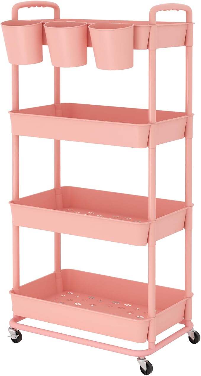 4-Tier Plastic Rolling Storage Cart Utility Cart with Extra Hanging Cups Handles Lockable Wheels for Living Room Bathroom Kitchen Office Pink | Utility Cart with Extra Hanging Cups Arc-Shaped Handles Lockable Wheels for Living Room Bathroom Kitchen Office