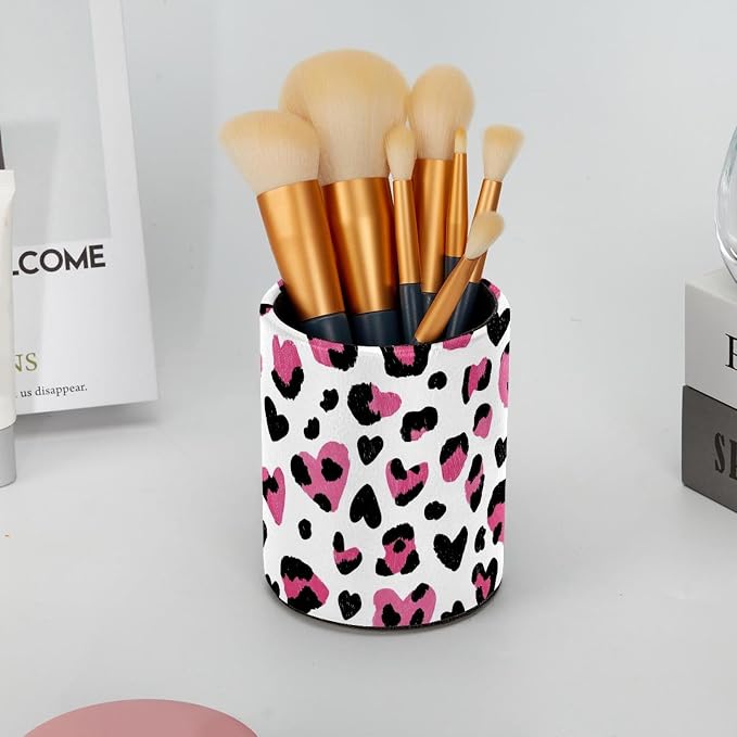Faux Leather Pen Holder for Desk, Pencil Organizer Leopard Pen Cup Desk Decor Makeup Brush Holder Storage for Office Home