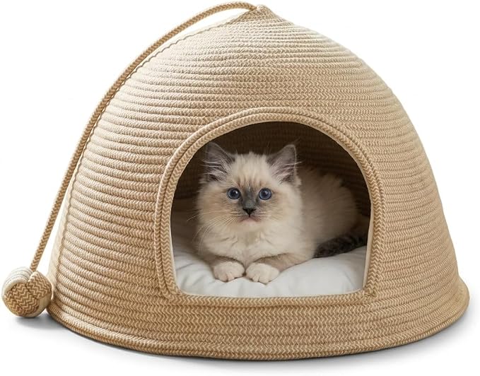Large Woven Cat Cave Bed for Indoor Cats - 21" x 12" Covered Cotton Rope Cat House Hut with Soft White Cushion & Dangling Ball Toy - Scratch-Resistant Private Pet Tent Hideaway