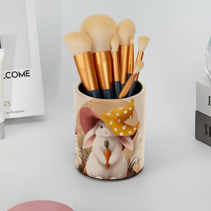 Faux Leather Pen Holder for Desk, Pencil Organizer Cute Easter Bunny Pen Cup Desk Decor Makeup Brush Holder Storage for Office Home