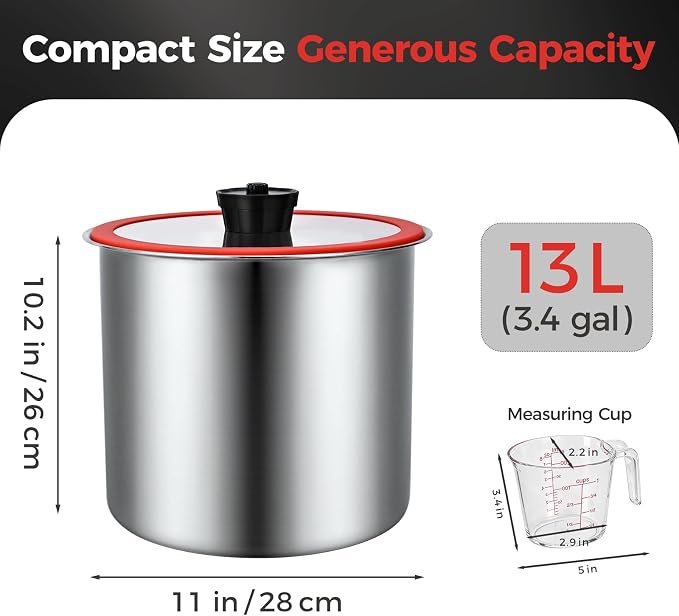 Umimile 304 Stainless Steel Airtight Food Storage Container – 10L (2.6Gal) Metal Canister with Clear Lid, 0.8mm Thick, Silicone Plug Release & Removable Gasket – for Rice, Flour, Pet Food (13L)