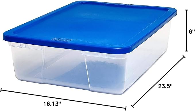 HOMZ 2-Pack Snaplock, Small Clear Plastic Storage Organizer Bins with Lids, 28 Quart, Blue - Stackable Container Boxes for Bedroom, Bathroom, Garage, and Office Organization