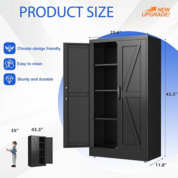 GAIOUS 43.3'' Tall Kitchen Pantry Cabinet, Black Metal Storage Cabinet | with 2 Doors and 3 Adjustable Shelves, Steel Freestanding Cupboard, 4 Tier Bookcase for Dining Home Office Bathroom Bedroom