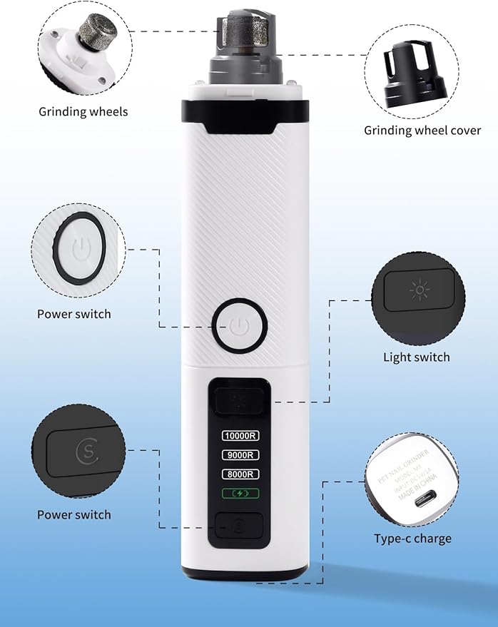 New Upgraded Dog Nail Grinder with LED Lights, 3-Speed Electric Rechargeable Pet Nail Trimmer for Small Medium Large Dogs (White)
