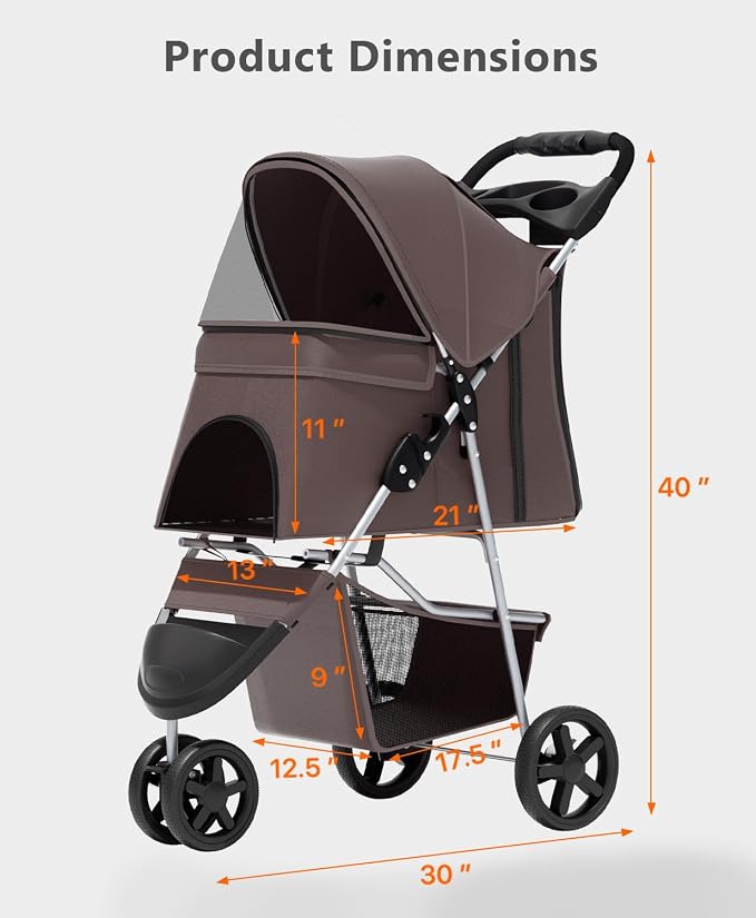 OS MOTOR 3 Wheels Pet Stroller for Small Medium Pets, Coffee | Foldable Carrier Jogger, Rear Wheel Breaks, Storage Basket, Visible Mesh Weather Cover, Portable, Dog, Cat, Puppy, Kitty