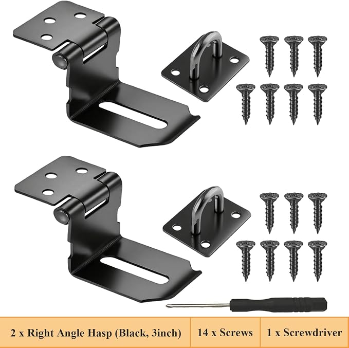 Right Angle Padlock Hasp, 2 Pack Stainless Steel Lock Latch, 90 Degree Door Hasp Clasp for Garden Gate, Wooden Barn Shed Door, Storage Box, Closets, Cabinets, Pet Cage, Matte Black (3 Inch)