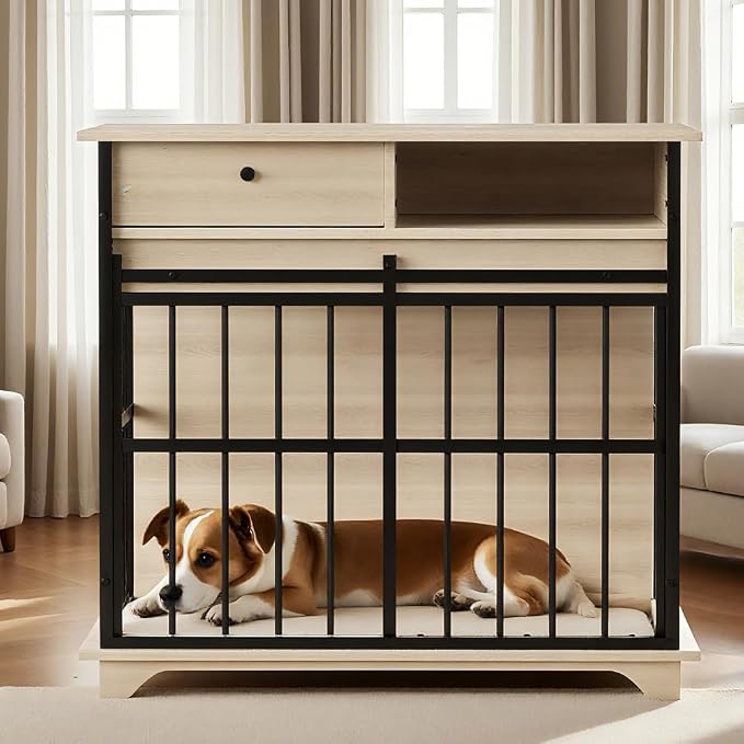 Dog Crate Furniture with Storage Drawer and Side Compartment for Indoor Living Rooms, Home Offices, and Outdoor Patios
