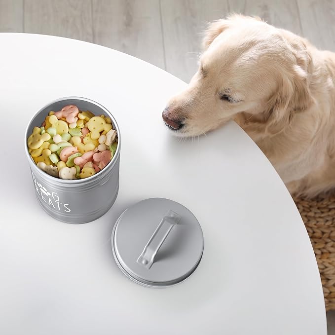 OUTNILI Small Dog Treat Container Airtight - 6" Tall X 4.9" Round Gray Dog Treat Jar for Kitchen Counter - Rustic Treat Storage Canister for Dogs, Cats, Small Animals - Gifts for Pet Owners