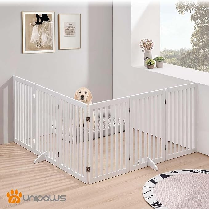 unipaws 120" Extra Wide Pet Gate and Pet Playpen Combination for Dog Cat | 36” Height Free Standing Dog Gate for Doorways, Stairs, Foldable Puppy & Room Divider, Indoor Use