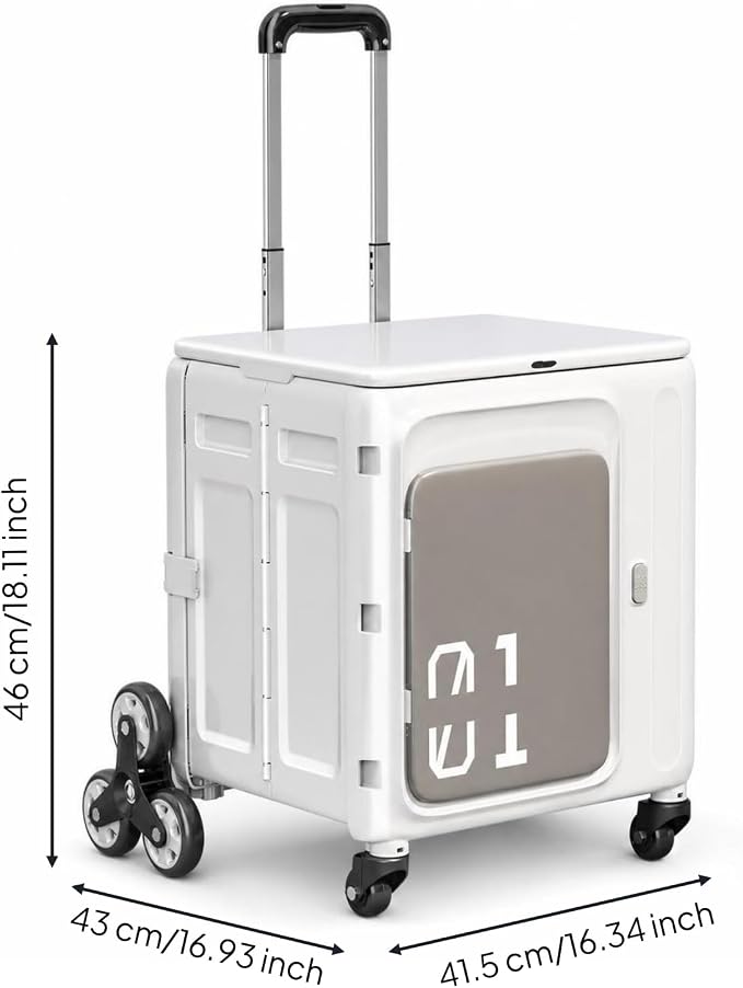 Gralara Rolling Crate with Lid Portable Foldable Rolling Crate Compact Folding Utility Cart for Camp, White Gray