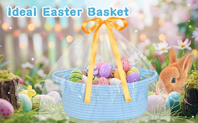 ABenkle Small Basket Empty Gift Basket, Decorative Boho Rope Woven Nursery Storage Organizer Dog Toy Baskets for Baby Showers Christmas Easter with Gift Bags and Ribbons, 12"X 8" X 5"