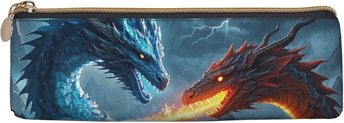 Leather Pen Case with Zipper - Aesthetic Pen Holder Ice Dragon and Fire Dragon Pencil Case for Women & Men - Handcrafted Pencil Bag Multi-Functional Travel Cosmetic Case for Work Office Tool Pouch