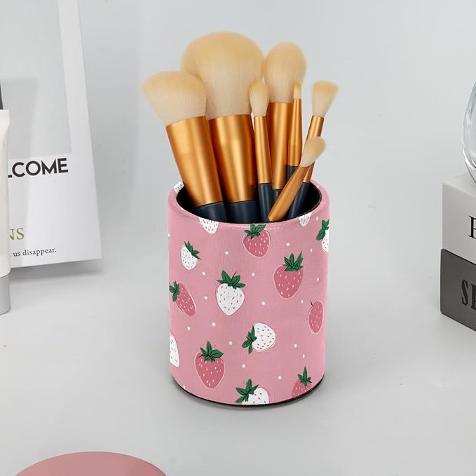 Faux Leather Pen Holder for Desk, Pencil Organizer Pink Strawberries Pen Cup Desk Decor Makeup Brush Holder Storage for Office Home