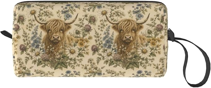 Highland Cow Wildflower Meadow Small Makeup Bag for Women | Double-Sided Highland Cow Floral Cosmetic Organizer with Foam Padding for Women, Travel, Gym, School, and Daily Storage