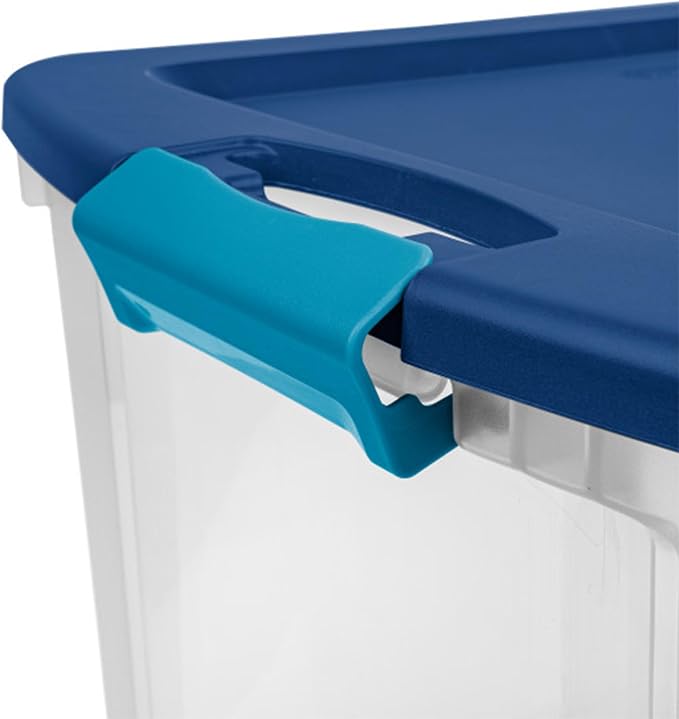 Sterilite 18 Gal Latch and Carry, Stackable Storage Bin with Latching Lid, Plastic Container to Organize Closets, Clear with Blue, 18-Pack