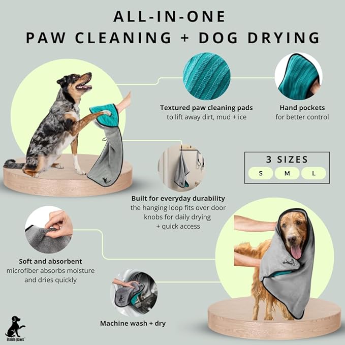 Microfiber Dog Towel & Paw Cleaner – Super Absorbent for Drying Dogs Large, Medium & Small, Quick Dry Pet Towels with Hand Pockets, Soft & Durable Puppy Towel, Machine Washable, Hanging Loop (Small)