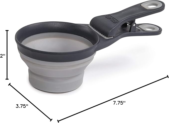 Dexas Popware for Pets Collapsible Klip Scoop, 3-in-1 Pet Food Scoop, Measuring Cup and Bag Clip, 1 Cup Capacity, Light Gray