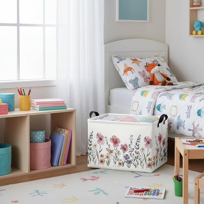 Rectangular Kids Basket Baby Girl Basket Fabric Storage Bin Organizer Box Room Decor(Flowers)