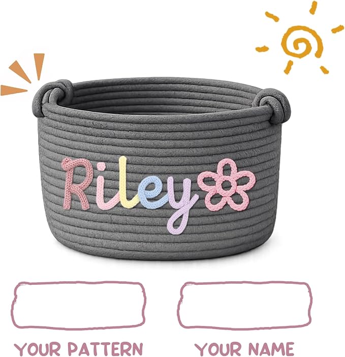 Personalized Dog & Cat Toys Bin with Name Custom Toy Storage Basket for Puppy Kitten Pet Supplies Organizer with Handmade Cotton Rope Name Gifts Basket for Pet Birthday Christmas