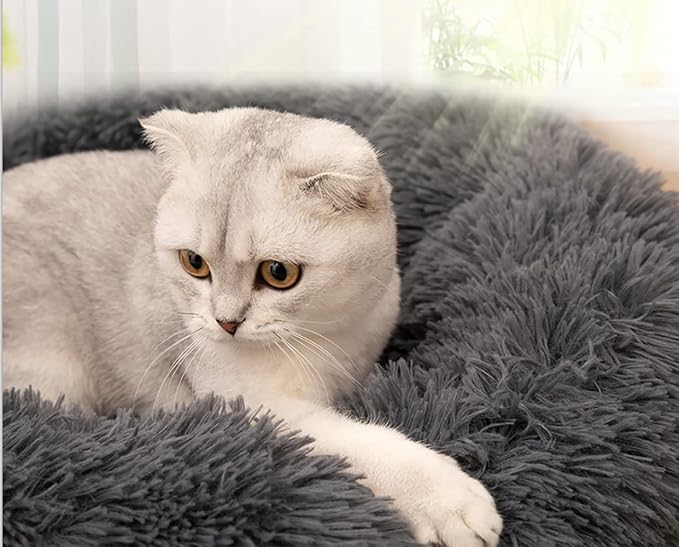 31 inches Calming Dog Bed for Large Dogs,Round Donut Plush Pet Cushion, Machine Washable Anti-Slip Bottom, Dark Gray Fluffy Warm Couch for Dogs Cats Up to 30KG