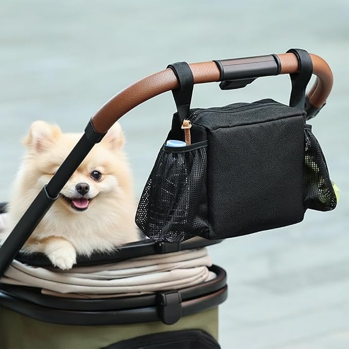 Dog Stroller Organizer Bag, Portable Spacious Compartments Pet Stroller Caddy Bag with Hook-and-Loop Straps & Side Mesh Pockets for Dog Cat Supplies Outdoor Travel