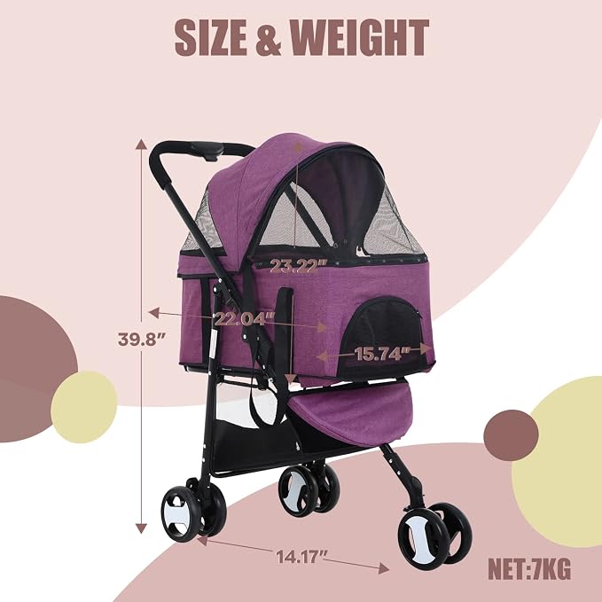 NChanmar Dog Stroller Cat Pet stoller 3-in-1 Folding for Small Medium Dogs Cats with Detachable Carrier Storage Basket Waterproof Lightweight Travel,Purple, 3 Wheels, 7.0 kilograms