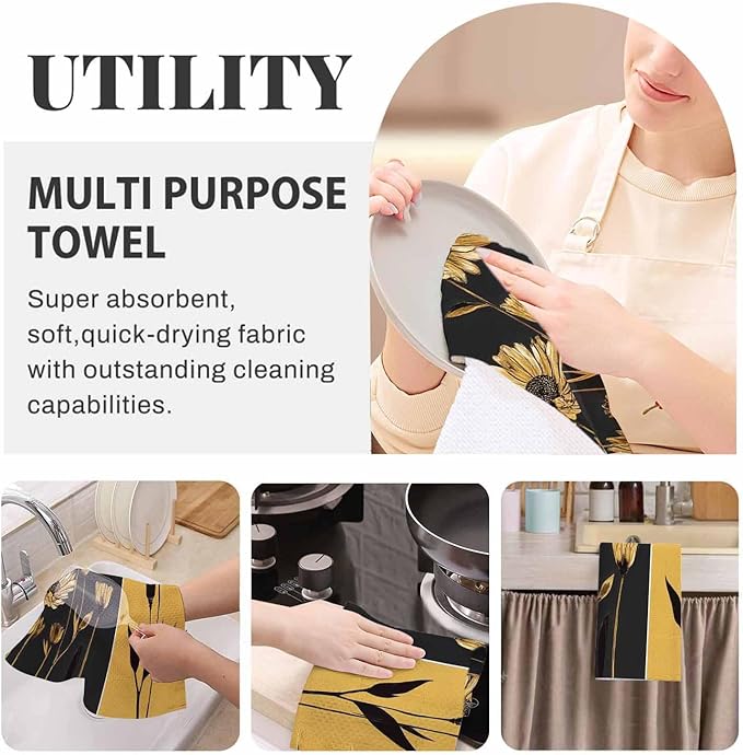 Flower Kitchen Towels Set of 2 Modern Abstract Gray Gold Sunflower Dish Towels Absorbent Soft Hand Tea Bar Towels for Farmhouse Home Decor 16"X24"
