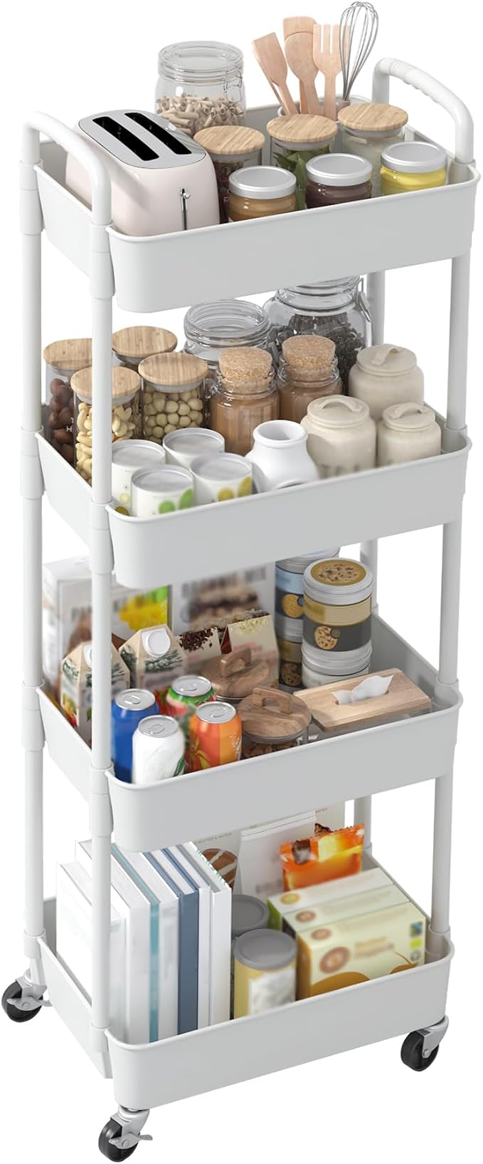 Sywhitta 4-Tier Plastic Rolling Utility Cart with Wheels for Storage,White | Multi-Functional Storage Trolley, for Office, Living Room, Kitchen, Bathroom,Movable Organizer,Space-Saving,Easy to assemble