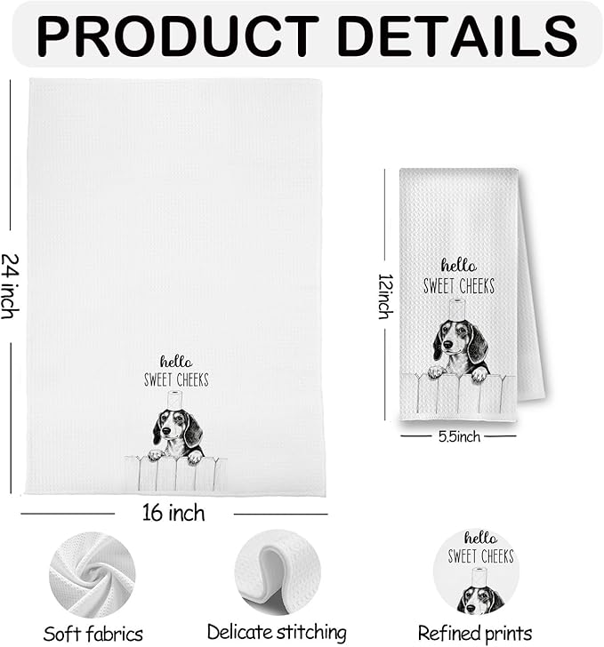 Farmhouse Funny Dachshund Dog Hand Towels, Hello Sweet Cheeks Bathroom Decor, Weiner Dog Lover Gifts Decorative Hand Towels for Bathroom Washroom Restroom, 16x24 Inch