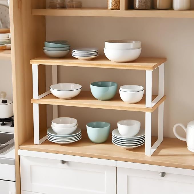 DOUKE Cabinet Organizer Shelf, Set of 2 Kitchen Counter Shelves, Kitchen Storage, Spice Rack, Stackable, Expandable, Metal and Engineered Wood, 15.6", White | Expandable and Stackable