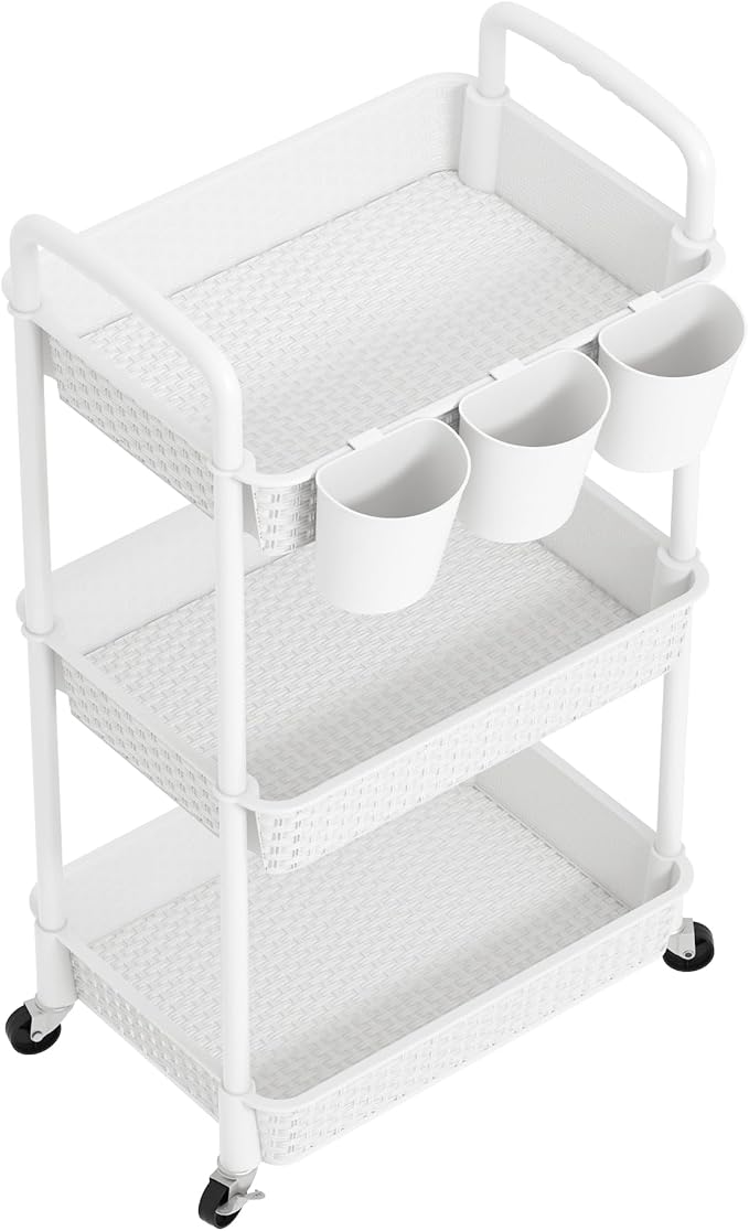 MOYIPIN 3-Tier Plastic Rolling Utility Cart with Handle,White | Utility Storage Cart for Office, Living Room, Kitchen,Movable Storage Organizer,Easy installation,Rattan-like art design