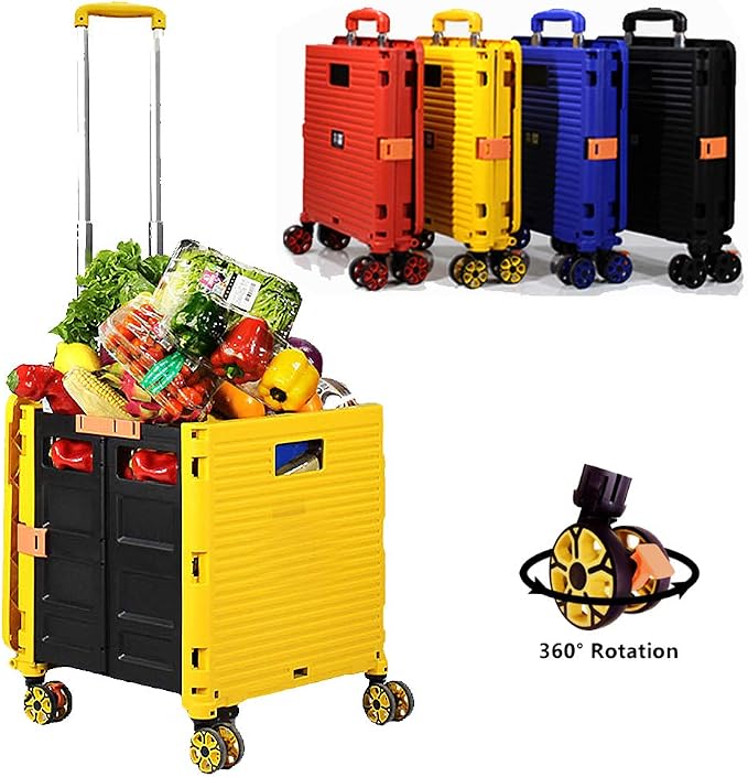 Foldable Utility Cart Folding Portable Rolling Crate Handcart Shopping Trolley Wheel Box with Lid Wear-Resistant Noiseless 360°Rotate Wheel for Travel Shopping Moving Storage Office Use (Yellow)