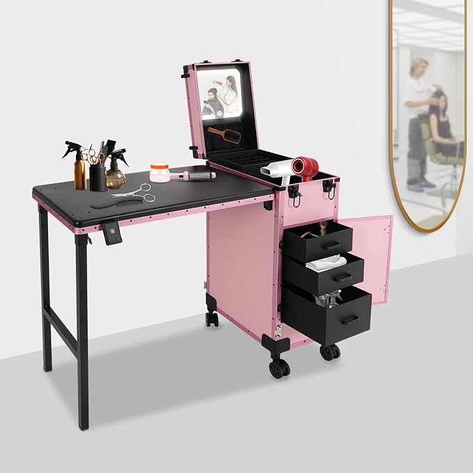 Portable Rolling Travel Nail Desk, Foldable Nail Tables Travel Cosmetic Trolley Storage Organizer with LED Mirror & 3 Drawers for air Stylists Pet Groomers Makeup Artists Salon (Pink Black)