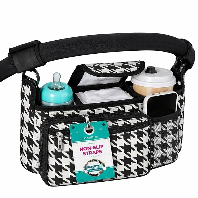 Stroller Organizer Non Slip Straps Stroller Caddy With Cup Holder, Stroller Bag for Phone, Pet Stroller Accessories, Universal Fits Uppababby Vista v2 Wonderfold Wagon, Doona and More (Houndstooth)