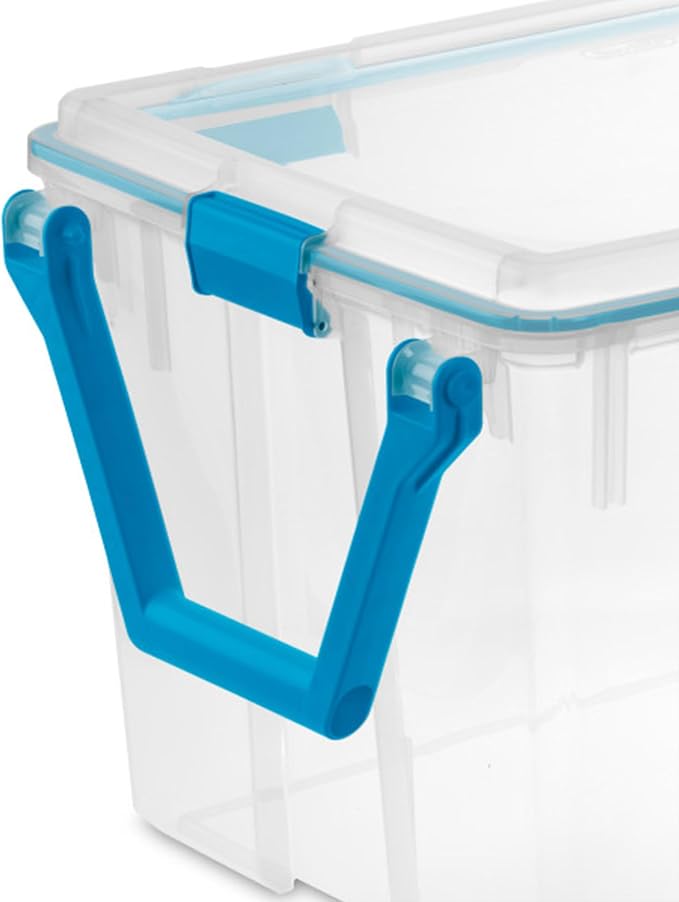 Sterilite Gasket Storage Box with Lids for Home & Office, 120 Quart, 3-Pack | Heavy-Duty, Stackable, and Organizing Containers for Bathroom, Cabinet, Closet, and Garage, Clear and Blue Aquarium Latches