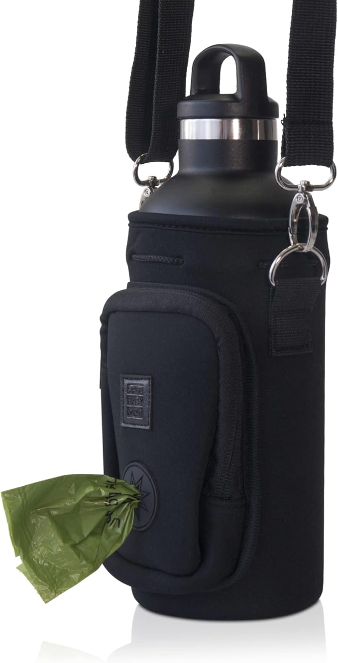Made Easy Kit Water Bottle Carrier with Pocket for Dog Poop Waste Bags and Adjustable Padded Shoulder Strap (Large (32oz) with Bowl, Black)