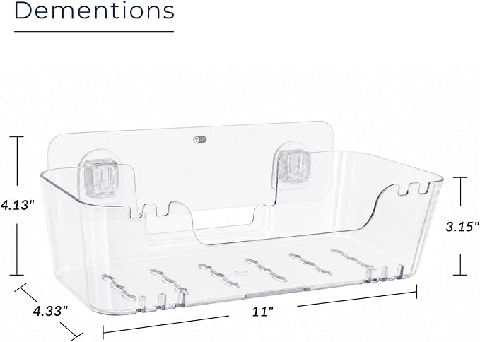 Bathtub Toy Storage, Clear Wall-Mounted Bath Toy Holder, No-Drill | 2 Adhesive Backplates Included, BPA-Free PET, Fast-Drain Design, Detachable, 13 lb Load Capacity