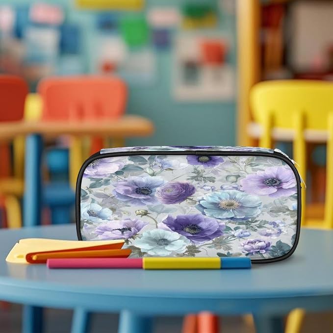 Watercolor Purple Blue Flowers Pencil Case Pouch, Big Capacity Waterproof Pen Bag for Students Teens Adults, Large Storage Organizer for Stationery