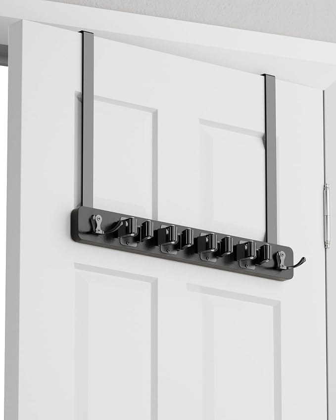 BS-VOG Over the Door Broom and Mop Holder, Broom Hanger, 4 Slots & 4 Hooks | Wooden Broom Holder Door Mount, No Drilling Required, EVA Door Protection Pads, Closet Garage Laundry Use, Black