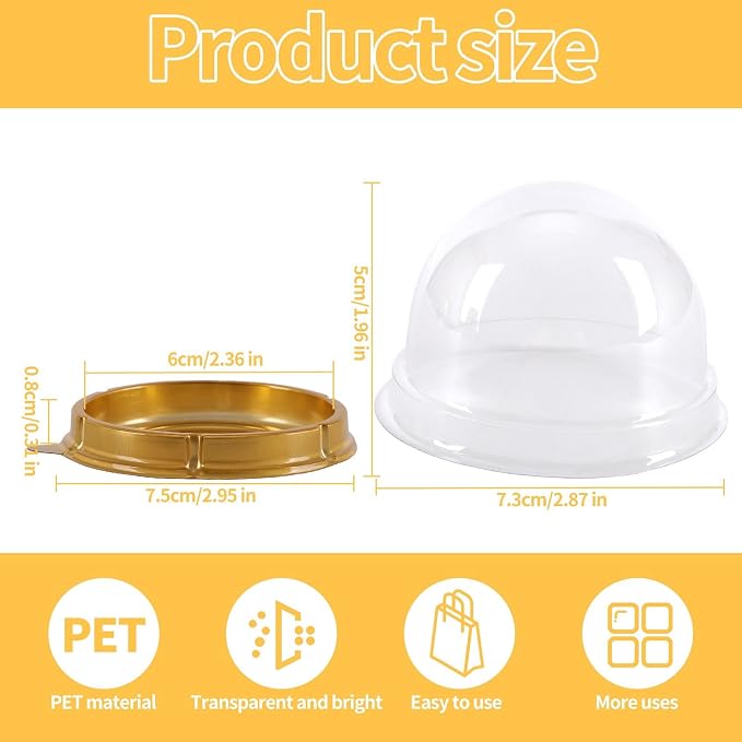 Hewnda 50 Pack 2 Inch Clear Plastic Mini Cake Box, Gold | Muffins Box, Cookies Box, Dome Box, Wedding Birthday Gift Box