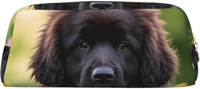PU Leather Pencil Case Cosmetic Pencil Bags Makeup Pouch with Zipper | Cute Pet Newfoundland Dog Pen Pouch Portable Cosmetic Organizer Bag For Office Woman Man