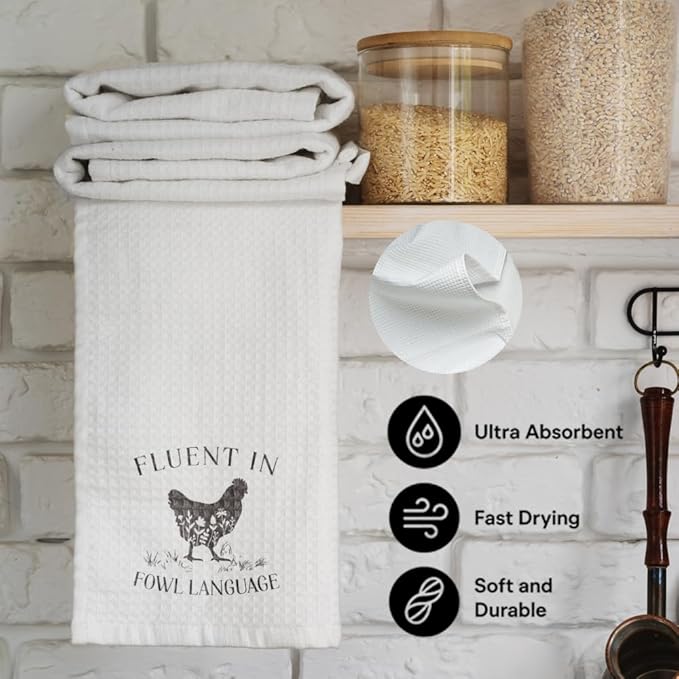 Funny Farmhouse Chicken Kitchen Towels Decor,Fluent in Fowl Language,Chicken Hand Towels for Bathroom,Rooster Dish Towel Tea Towel for Women,Chickens Birthday Party Decorations