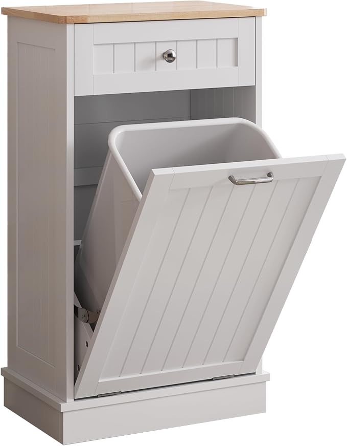 KIGOTY Tilt Out Trash Can Cabinet, Laundry Hamper Cabinet, Kitchen, White