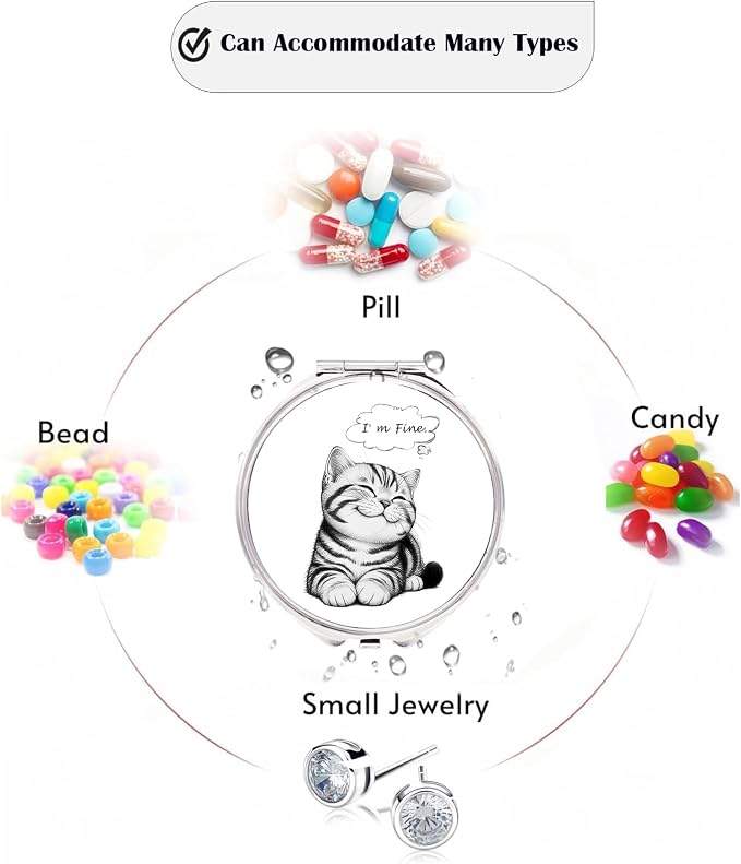 Small Pill Box 3 Detachable Compartments Pill Case with Mirror 2.4inches Pocket Round Medicine Organizer, Mini Portable Pill Organizer for Pocket Purse& Travel Convenience-Cute Black White Lovely Cat