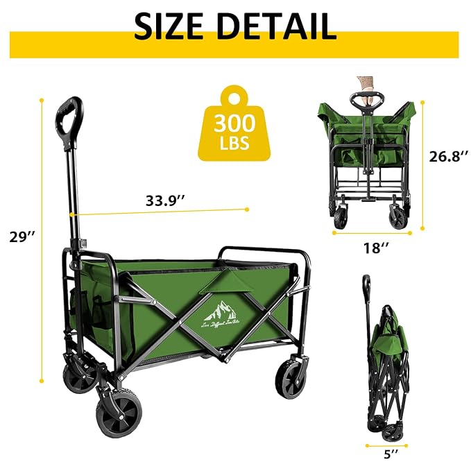 Foldable Wagon Cart, Collapsible Wagon Cart with Heavy Duty Wheels, 220Ibs Portable Folding Utility Wagon for Groceries, Beach, Camping, Outdoor Activities, Green