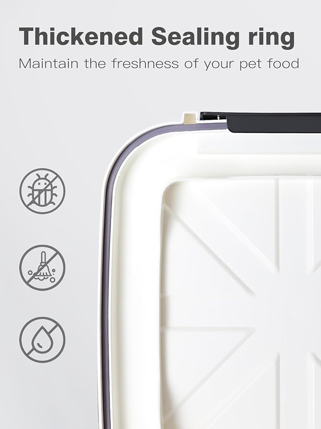 20 lb Stackable Pet Food Storage Containers, 3 Pack | Three stackable airtight bins hold 4, 6, and 10 lb for 20 lb total; includes 3 measuring cups and clear BPA-free bodies.