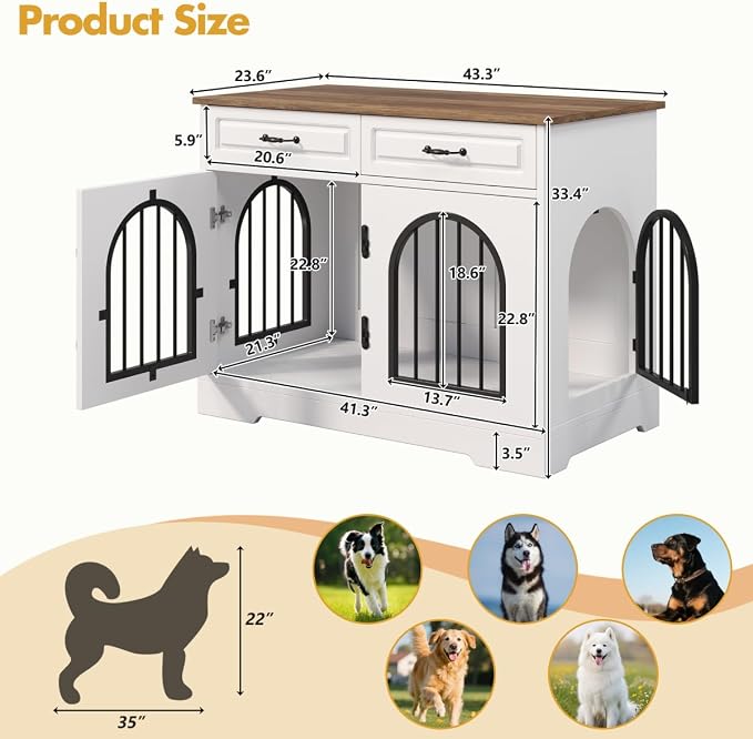 43.3" Dog Crate Furniture, Heavy Duty Indoor Dog Kennel with 2 Storage Drawers, Dog Cage with Side Doors for Medium Large Dogs, End Table Dog Crate, White and Brown