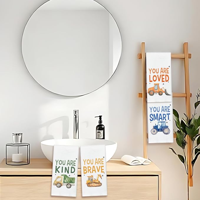 Construction Car You are Brave Kind Kitchen Towels and Dishcloths Set of 4, Inspirational Decorative Kids Hand Towel Drying Cloth for Bathroom, Gift for Boys, 16x24 Inches -02