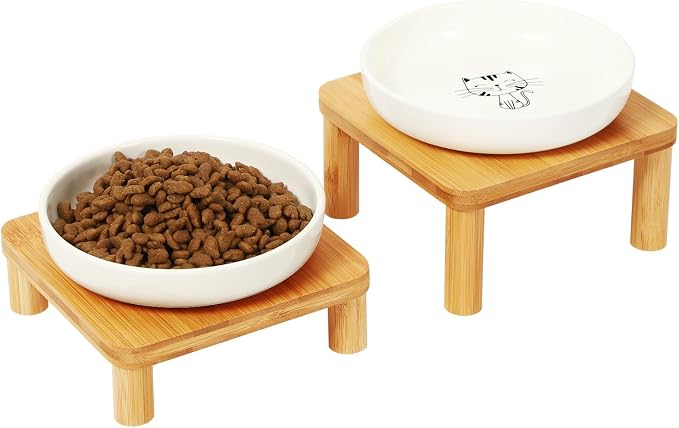 DoogCat Raised Cat Bowl, Elevated Cat Bowls with Bamboo Stand, Set of 2 | Premium Ceramic Bowls, Adjustable Height, Whisker-Friendly Design, Elevated Feeding, Easy to Clean